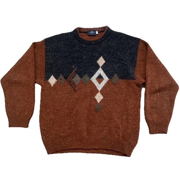 Vintage Montechiaro Sweater Men XL 50 Brown Wool Knit Diamond Made In Italy 90s - Picture 1 of 10
